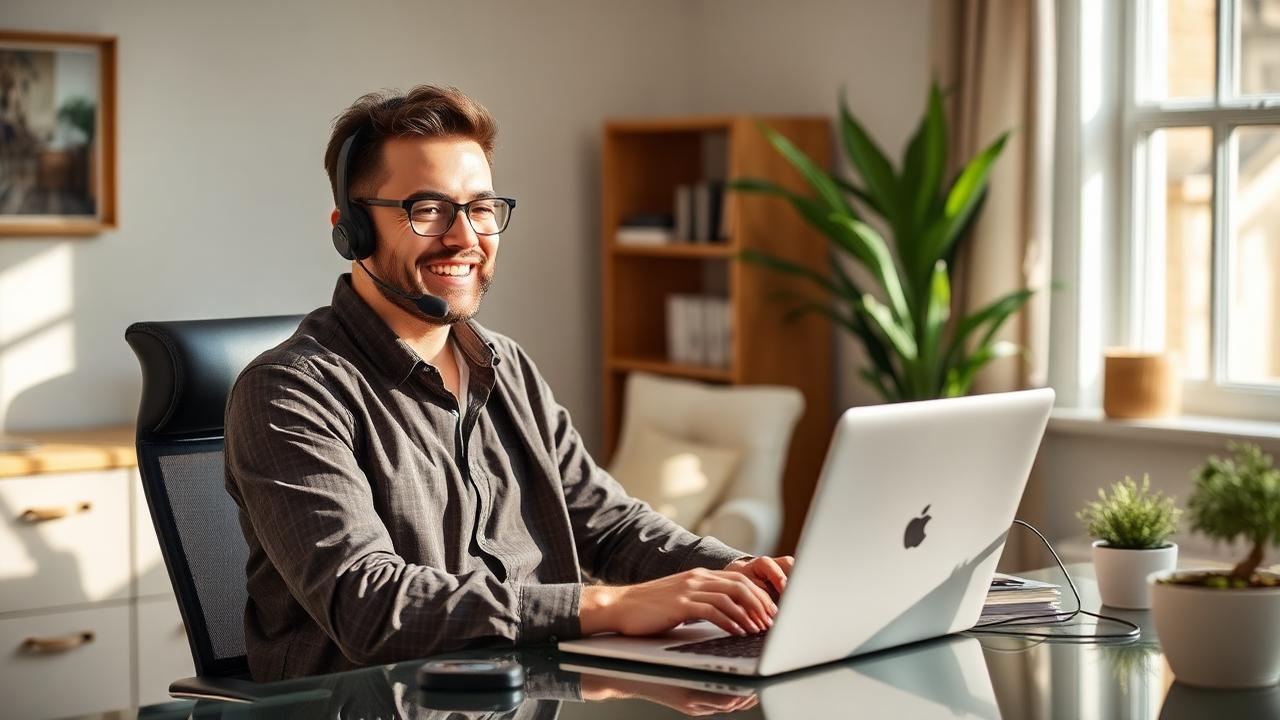 Insurance agent working successfully from home office with laptop and headset