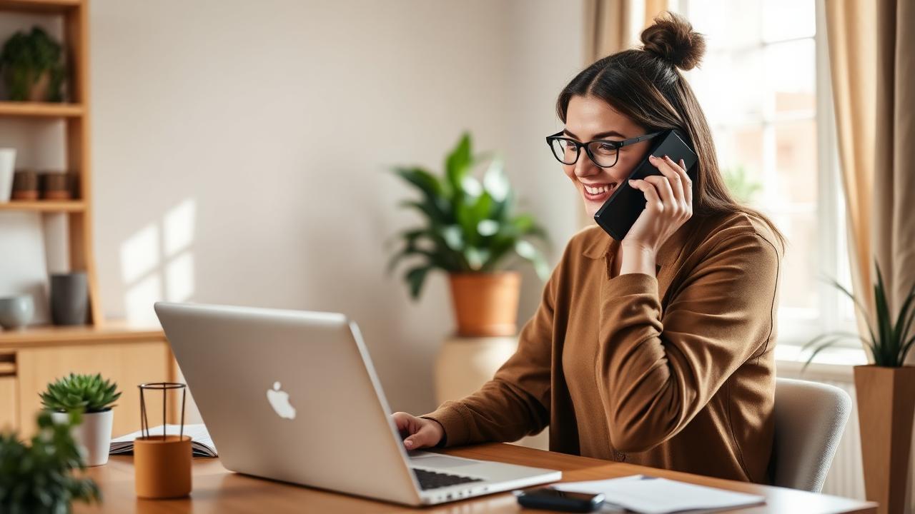 Insurance agent making calls from comfortable home office with laptop