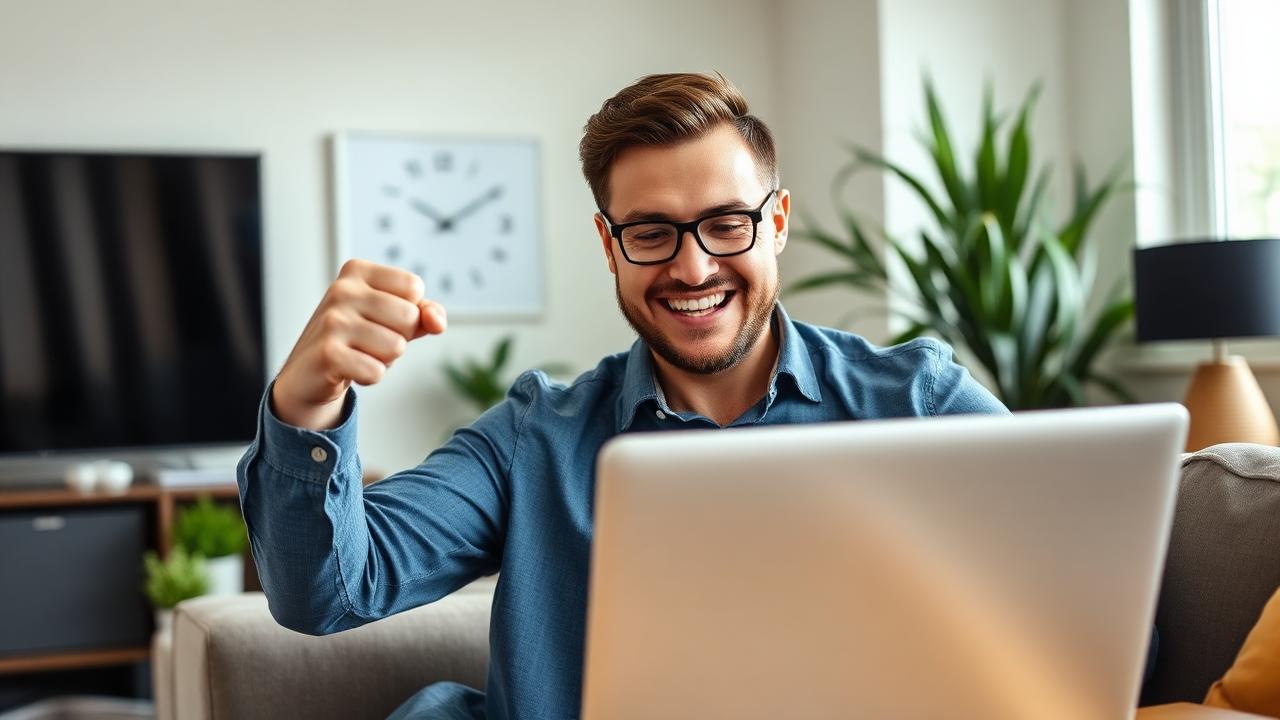 Successful insurance agent celebrating achievement at home office