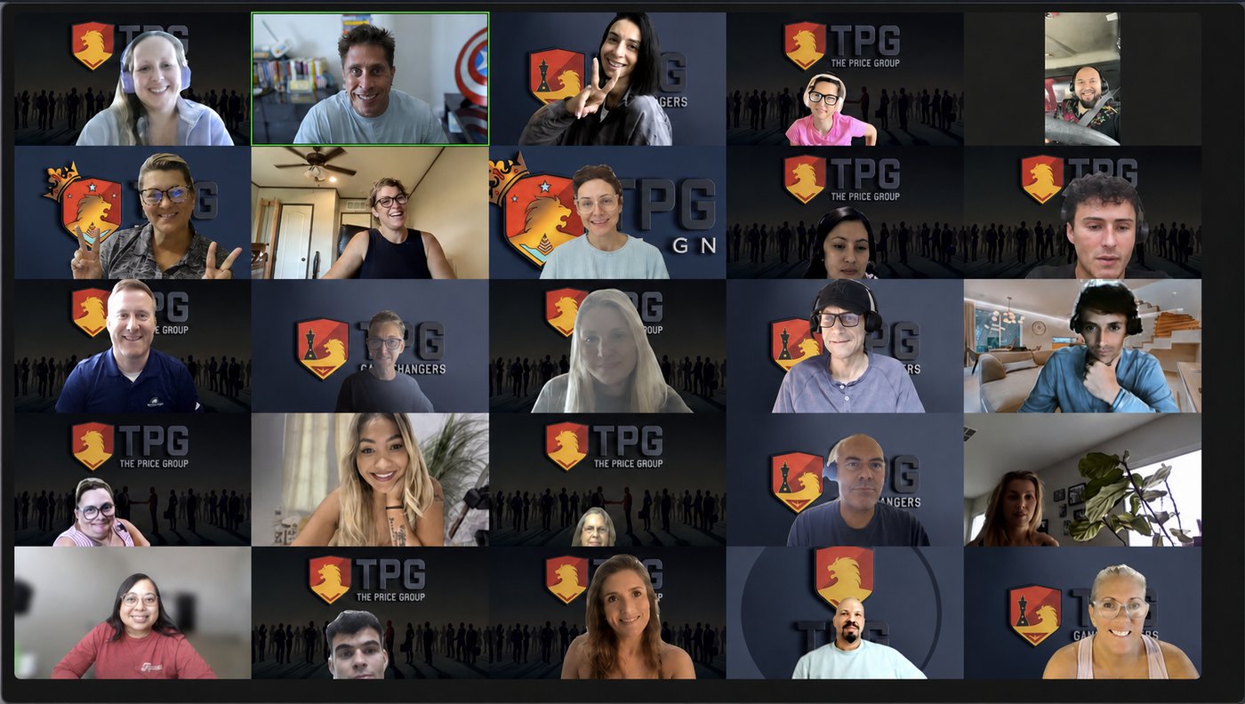 TPG agents on a live virtual team call with branded backgrounds